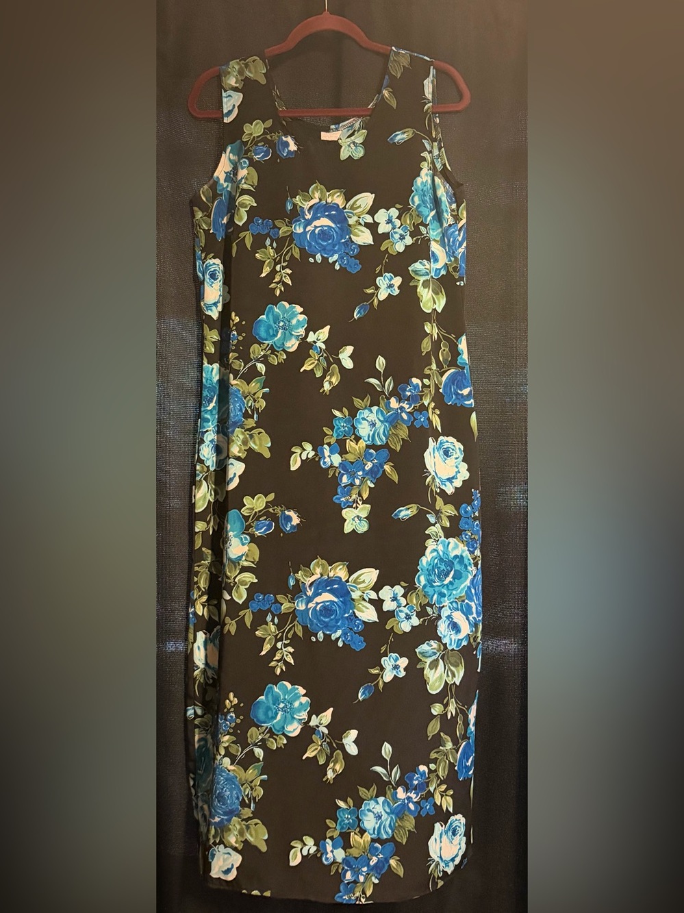 Vintage 90s Women’s Black/Blue Floral Sheath Maxi Dress Back Slit Size 14